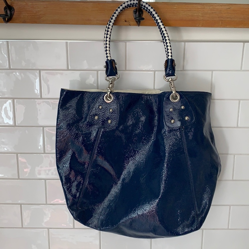 Reversible Indigo/white leather tote